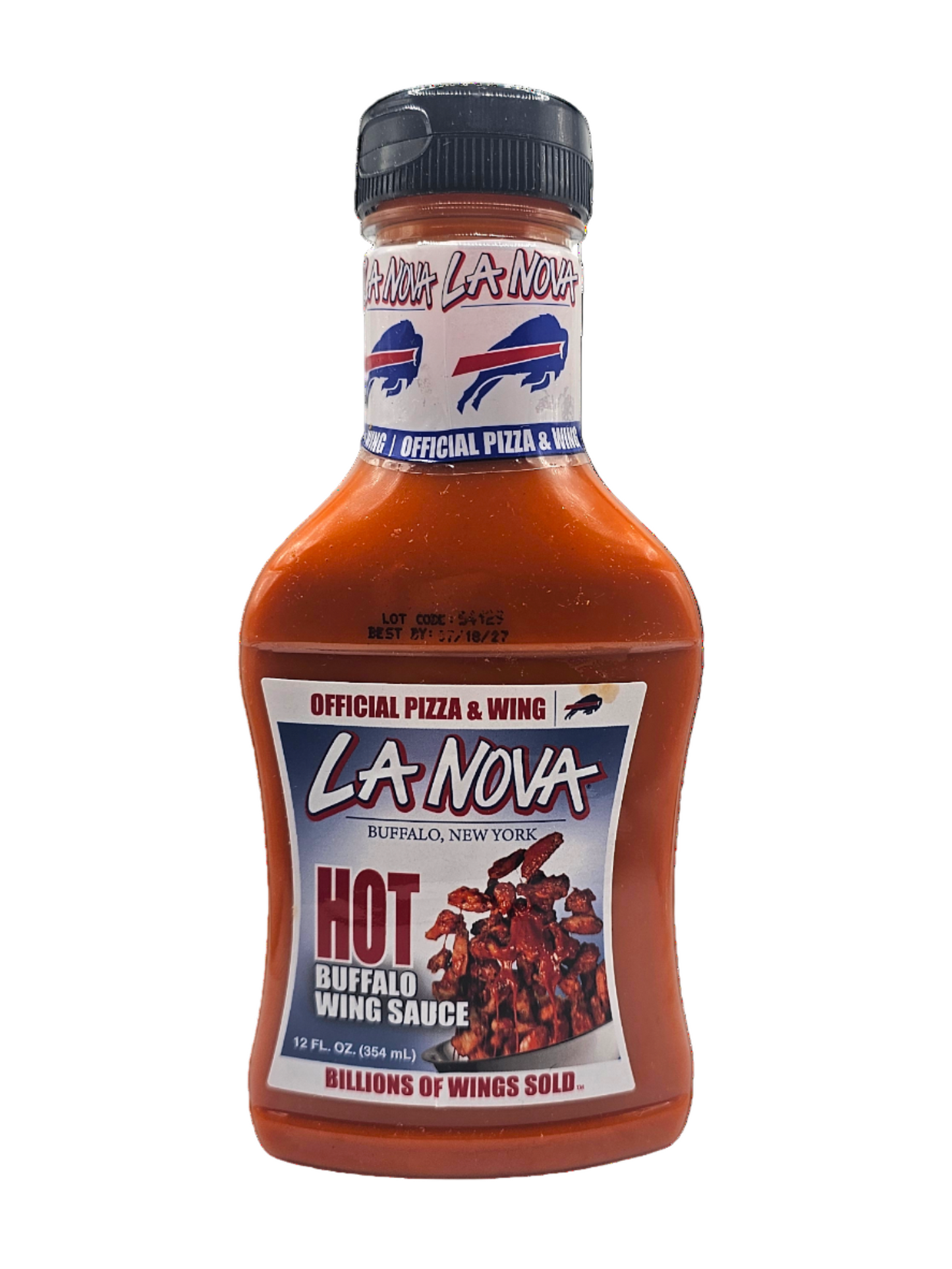 Bottle of La Nova hot buffalo wing sauce on a white background