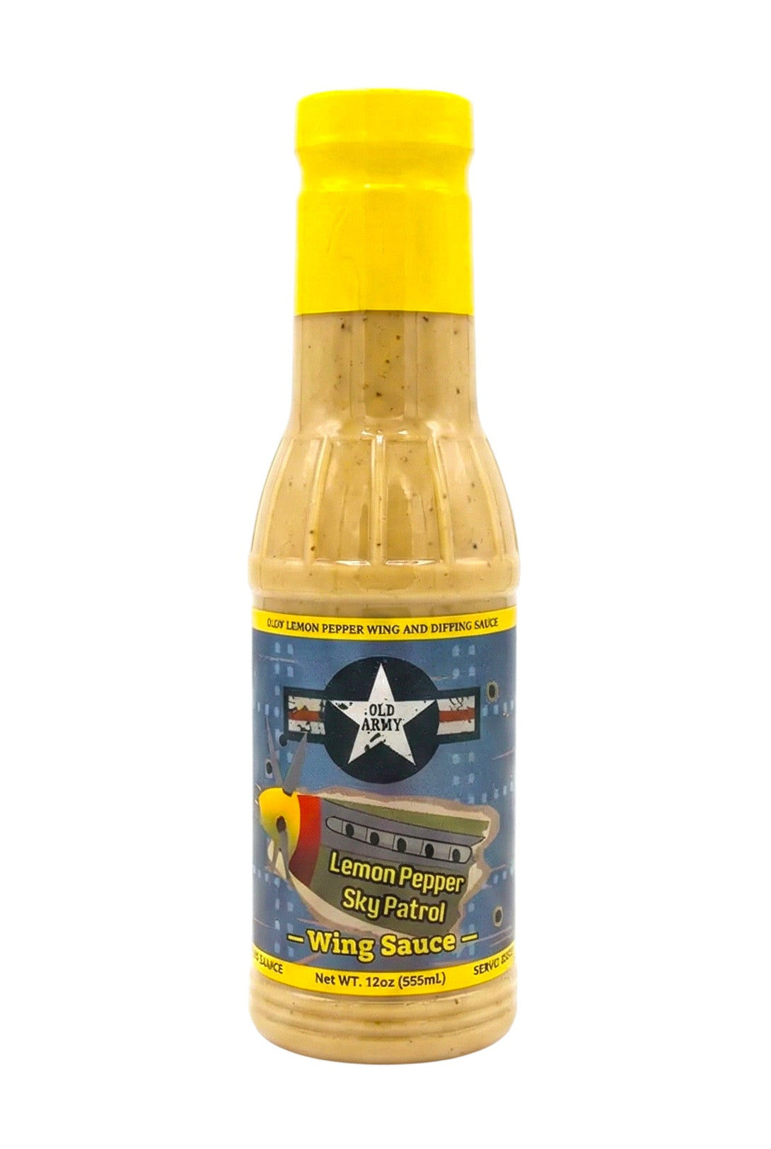 Bottle of Lucky Snipe Lemon Pepper sauce with a yellow cap and label on a white background