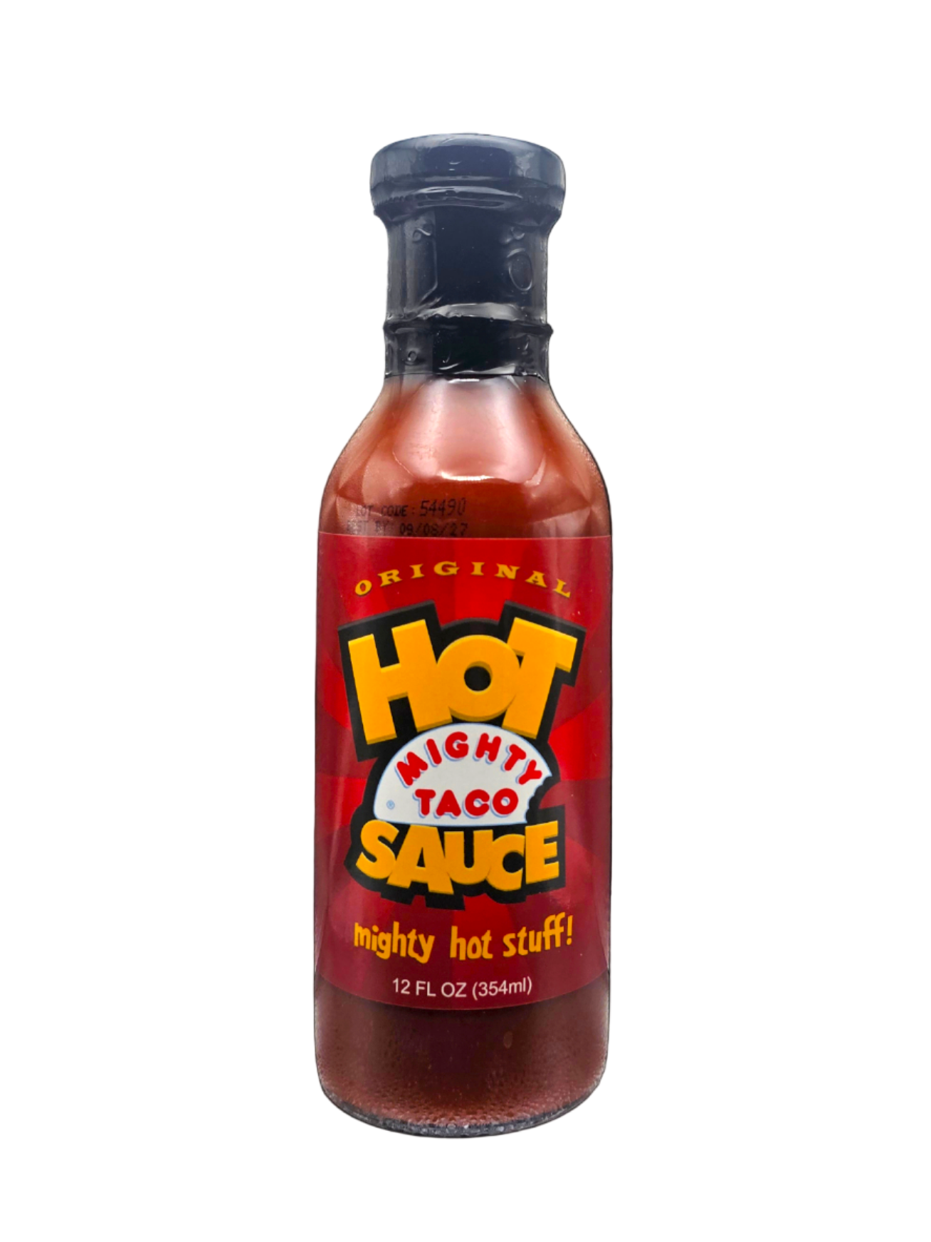 Bottle of Mighty Taco hot sauce on a white background