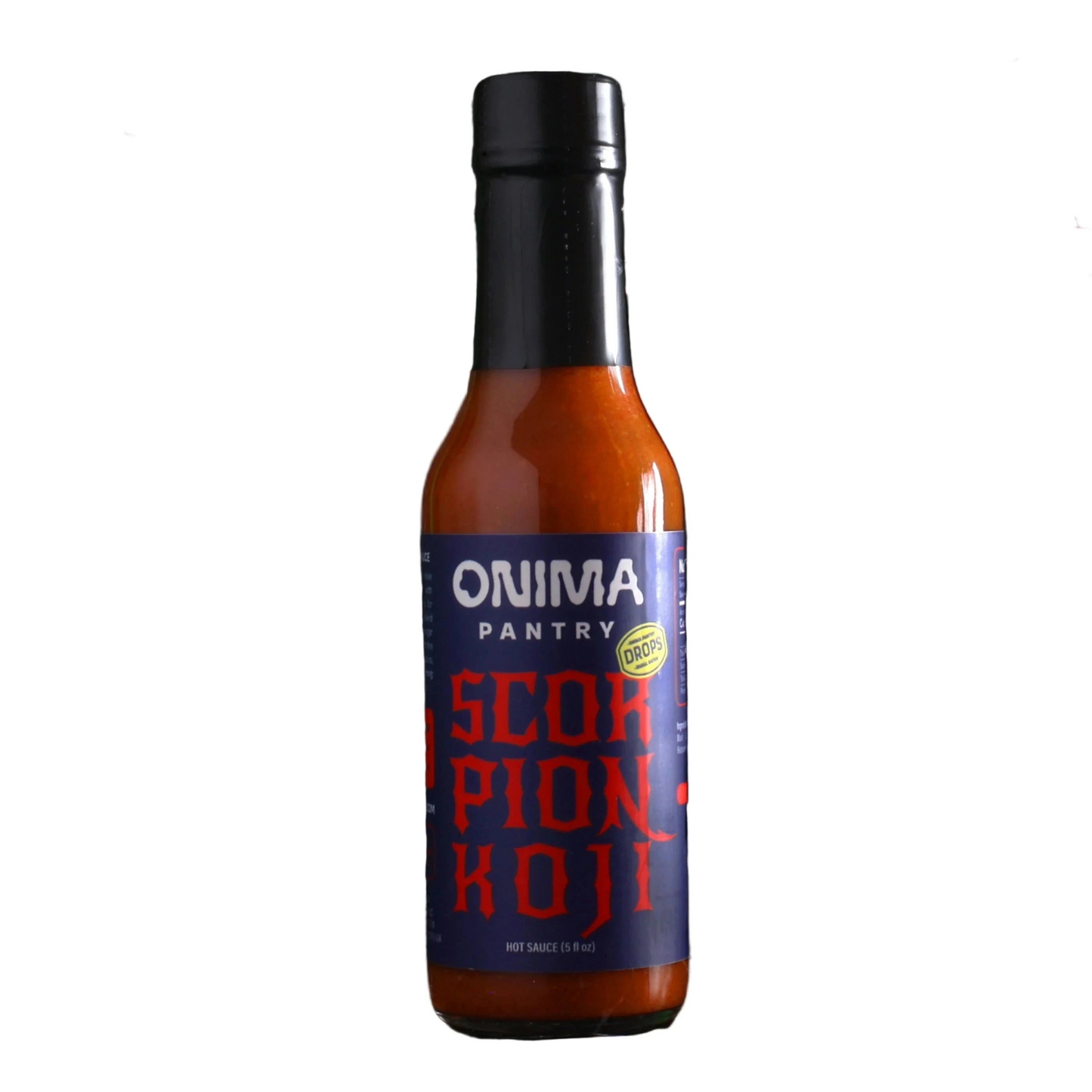 Bottle of Onima Pantry Scorpion Koji hot sauce on a dark background