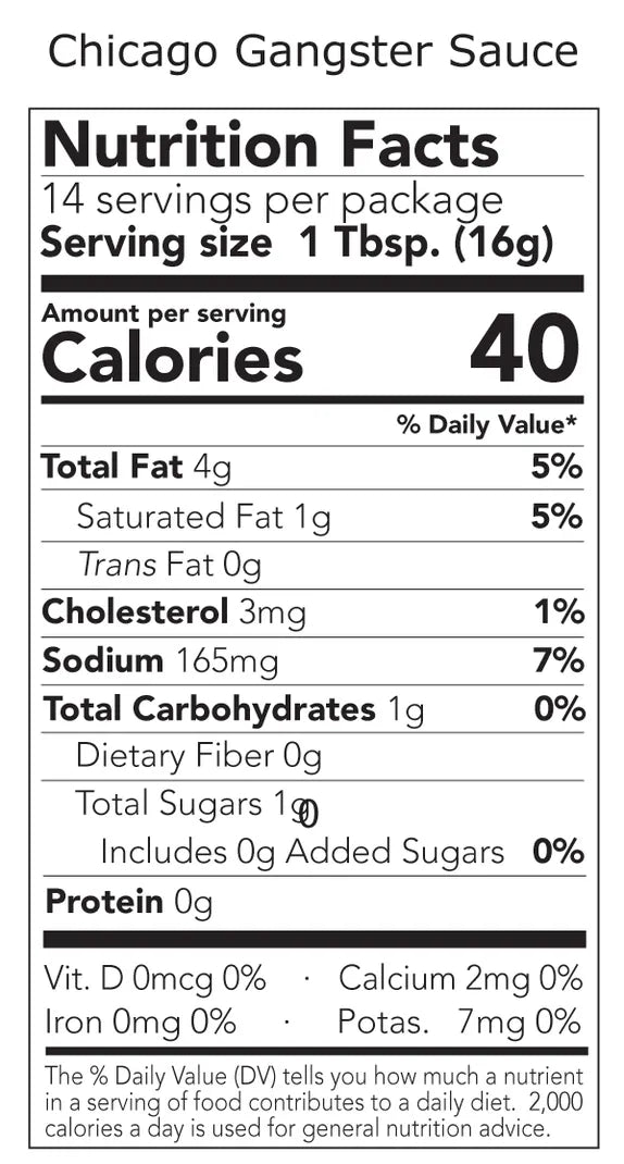 Nutrition facts label for Chicago Gangster Sauce with serving size and calories information.