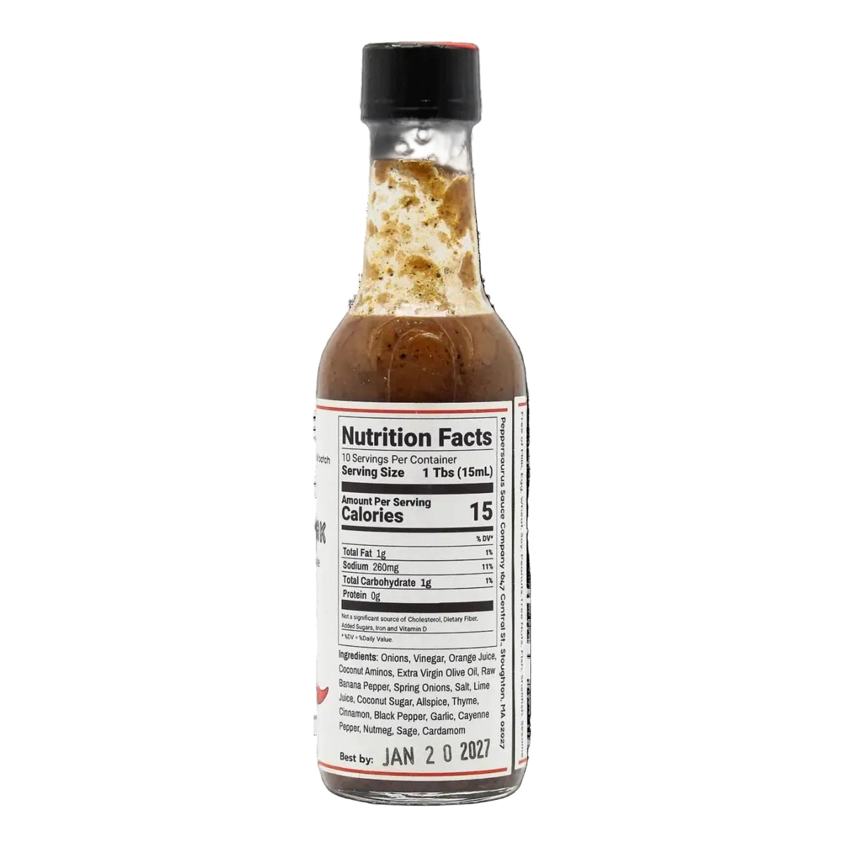 A small glass bottle of hot sauce with a black cap, showing the Nutrition Facts label on the front against a plain white background.