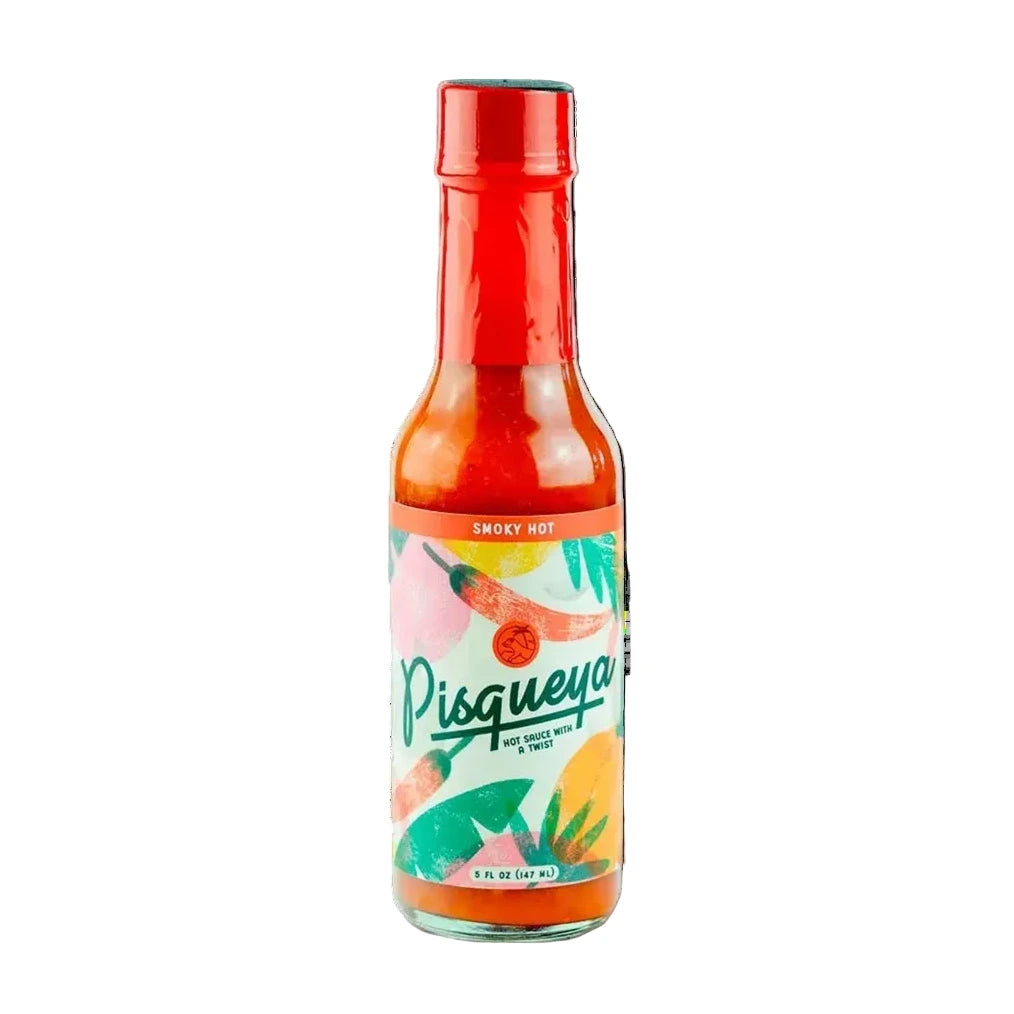 Pisqueya hot sauce bottle with colorful label on a white background