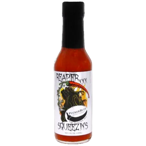 Puckerbutt Reaper Squeezins Hot sauce bottle with a black cap and colorful label on a white background