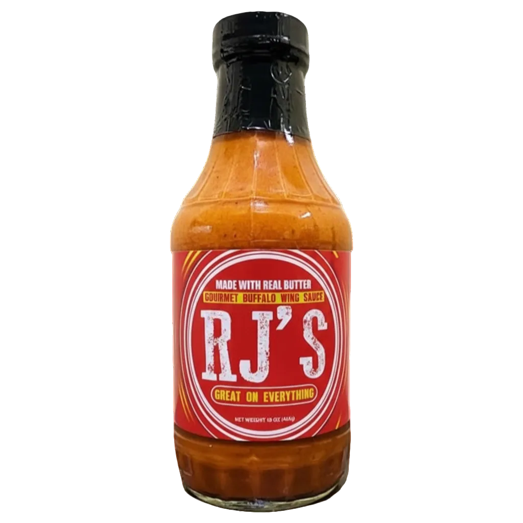 Bottle of RJ's Gourmet Buffalo Wing Sauce on a white background