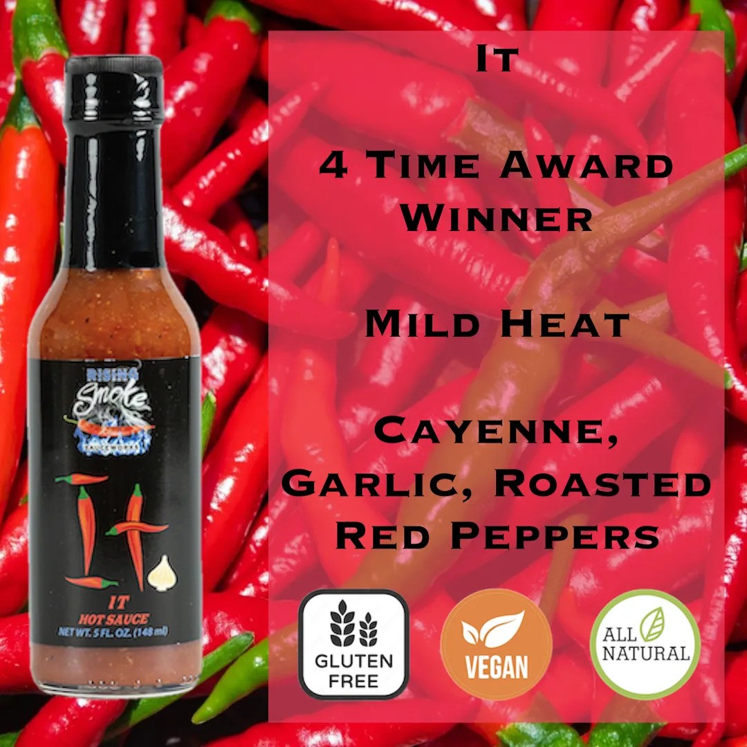 Hot sauce bottle with chili peppers and product details on a red background
