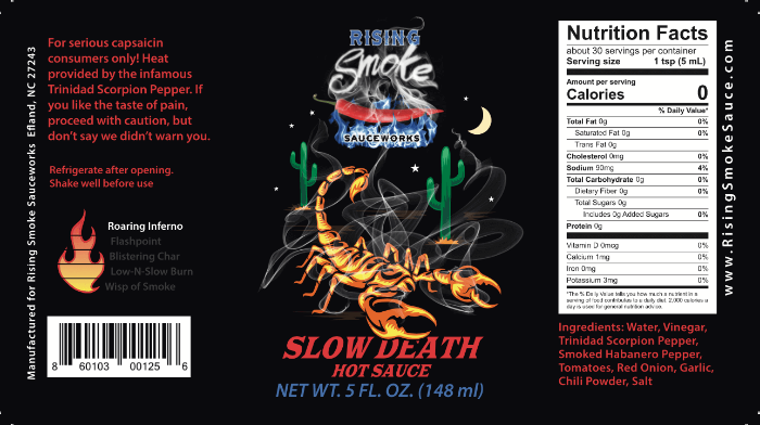 Hot sauce label with scorpion graphic and nutritional information on a black background