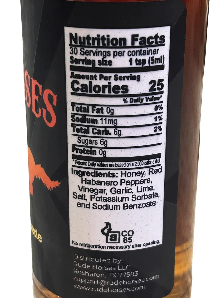 Nutrition facts label on a bottle of Rude Horses product