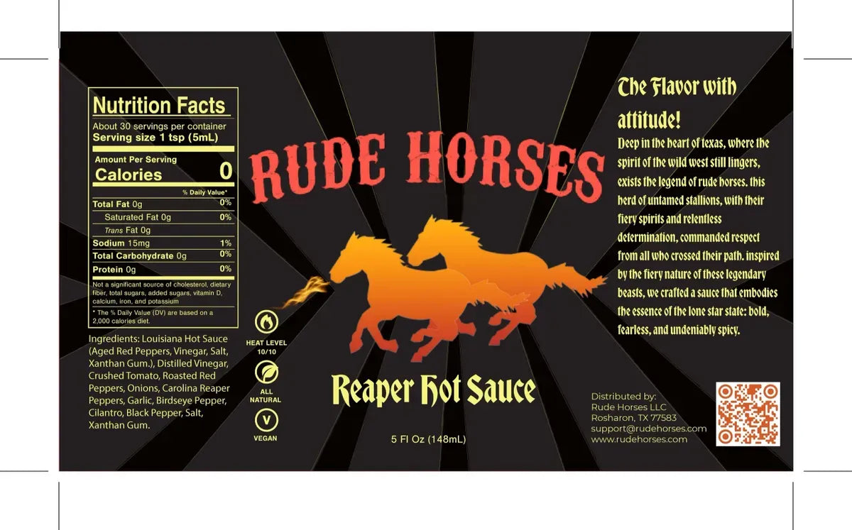 Hot sauce label for 'Rude Horses Reaper Hot Sauce' with orange horses and black background