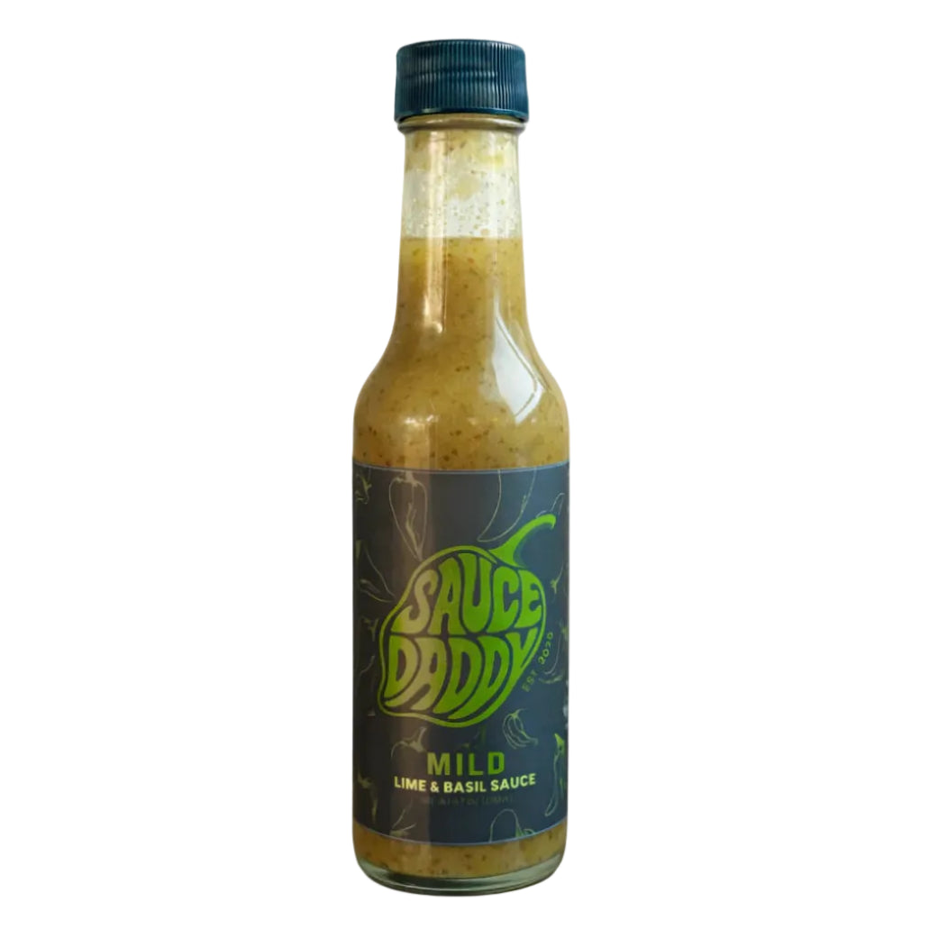 Bottle of Sauce Daddy lime and basil sauce on a white background