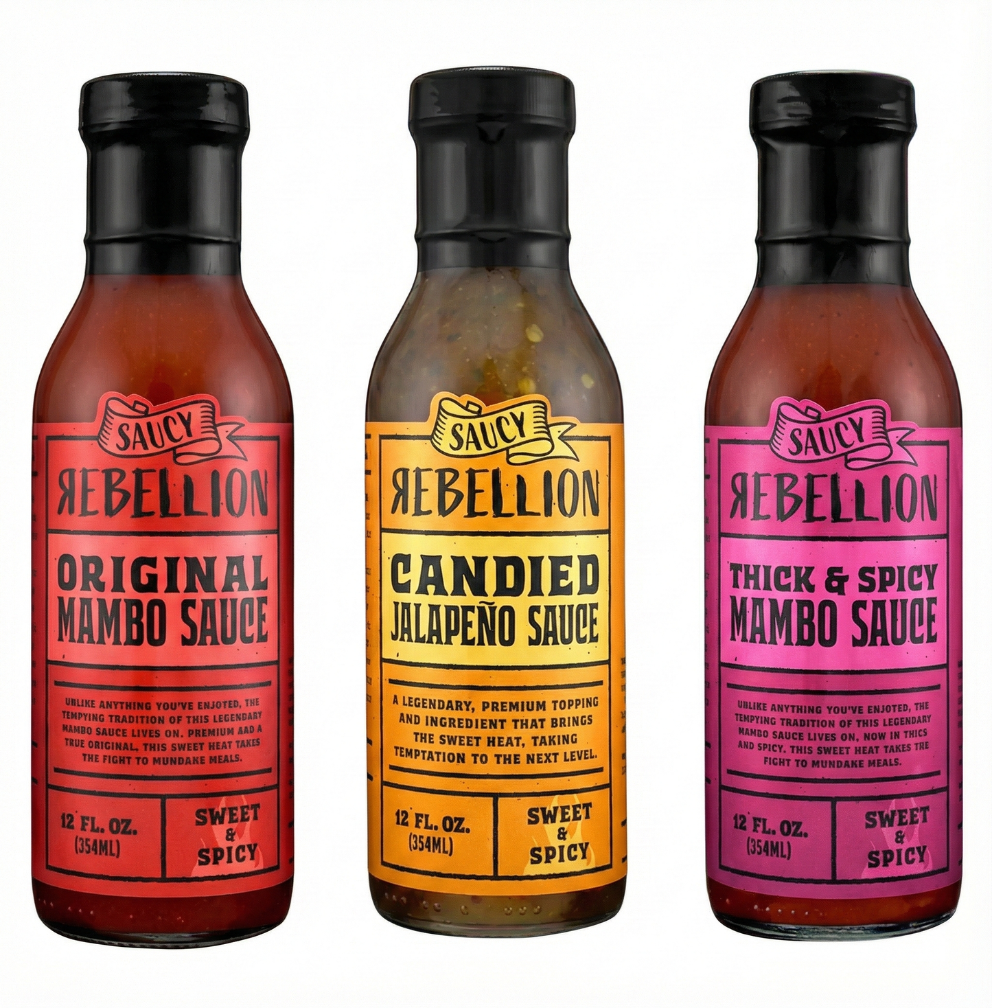 Three bottles of 'Saucy Rebellion' sauces with colorful labels on a white background.
