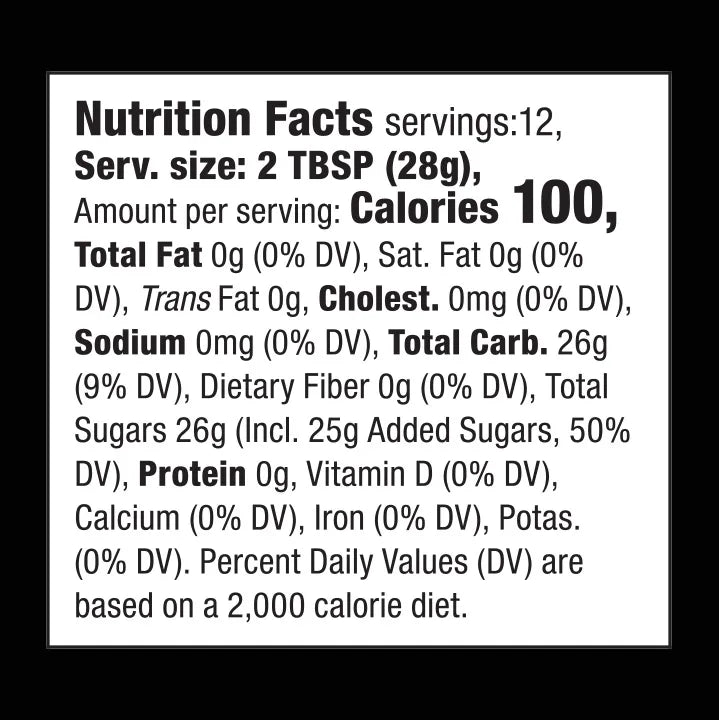 Nutrition facts label for Saucy Rebellion Candied Jalapeno Sauce with detailed information on calories, fat, sodium, carbohydrates, sugars, and protein.