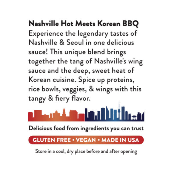Advertisement for Nashville Hot Meets Korean BBQ sauce with text and city skyline graphics.