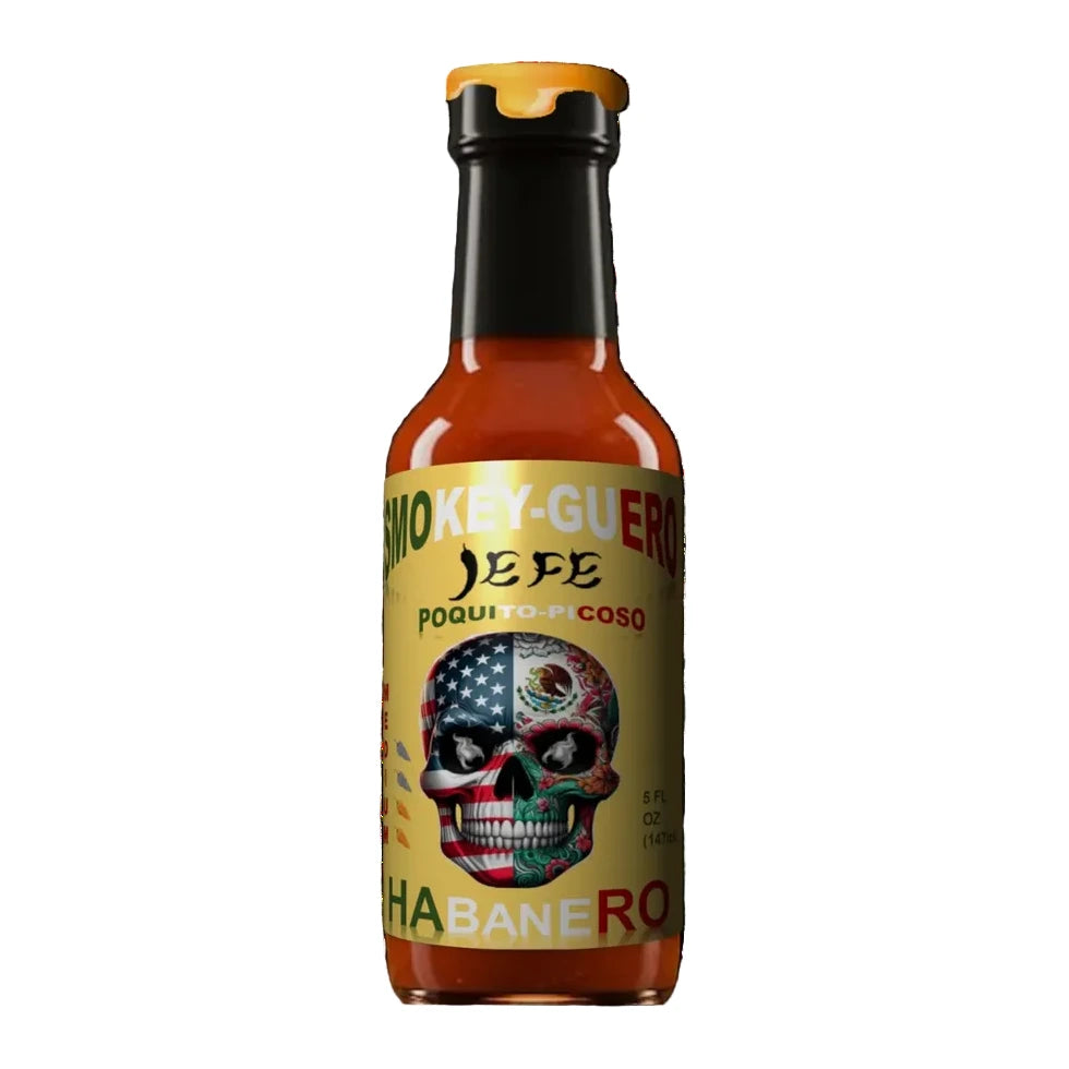 Smokey Guero Poquito Picoso Hot sauce bottle with colorful label featuring a skull design on a white background