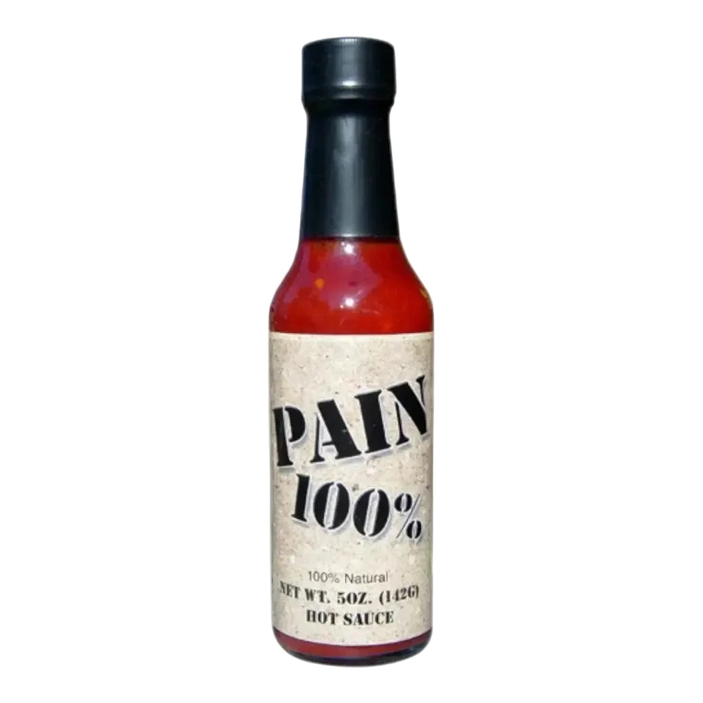Bottle of 'Pain 100%' hot sauce with a black cap on a white background