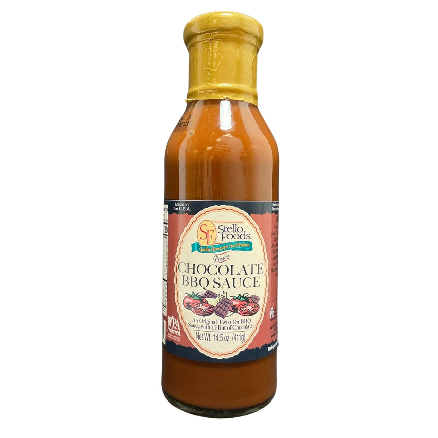Bottle of Stello Foods Chocolate BBQ Sauce on a white background