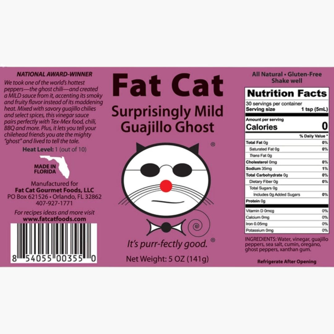 Label of Fat Cat Surprisingly Mild Guajillo Ghost sauce nutrition facts