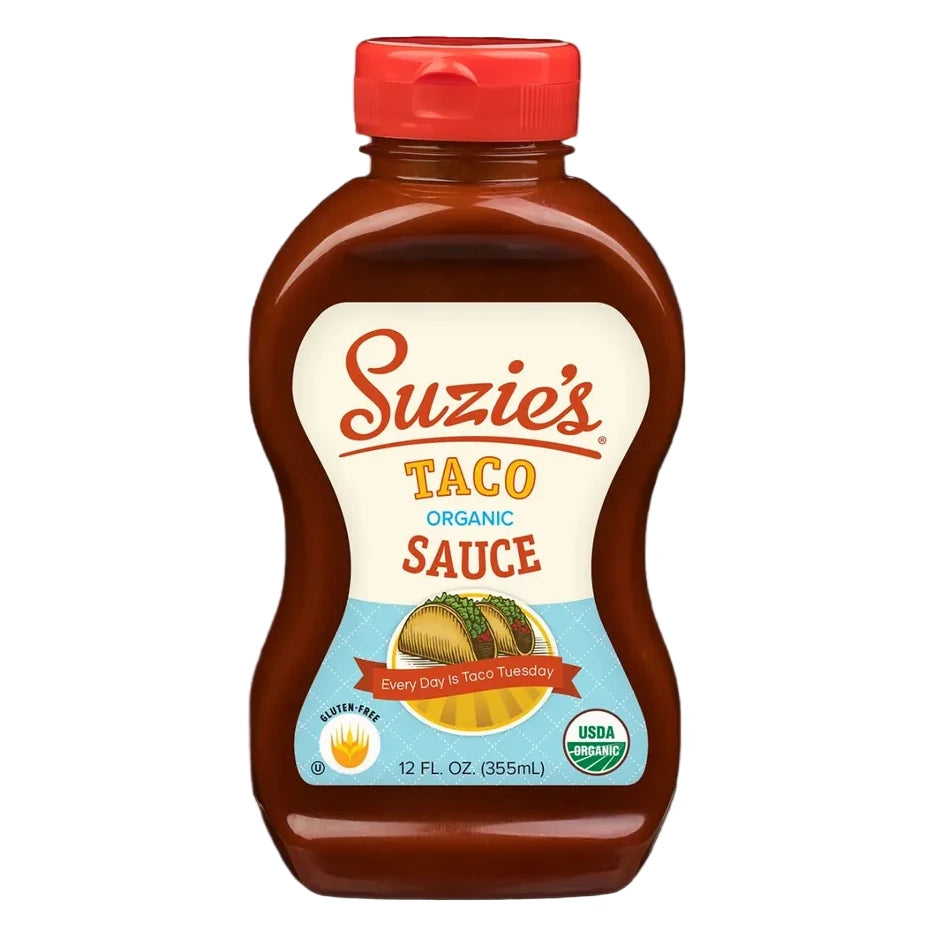 Bottle of Suzie's Taco Organic Sauce on a white background