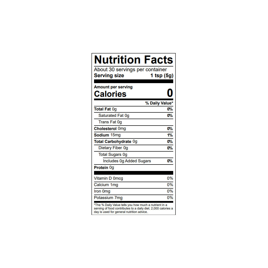 Nutrition facts label for the Spice Trade Outpost Bard hot sauce with serving size, calories, and various nutrient values on a white background