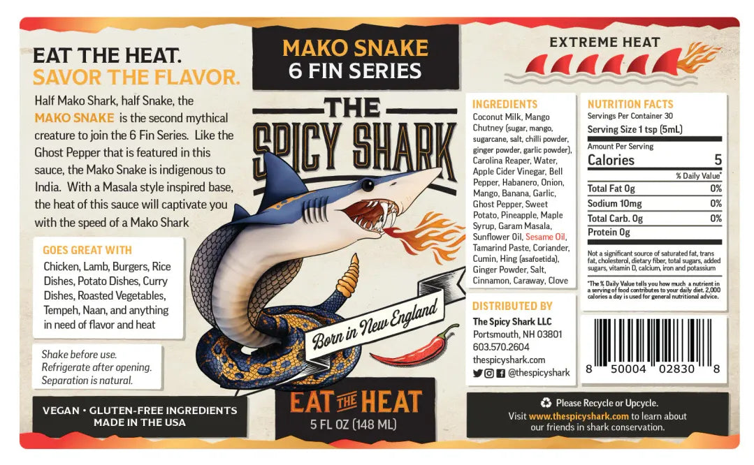 Spicy shark sauce packaging with snake illustration and branding details.