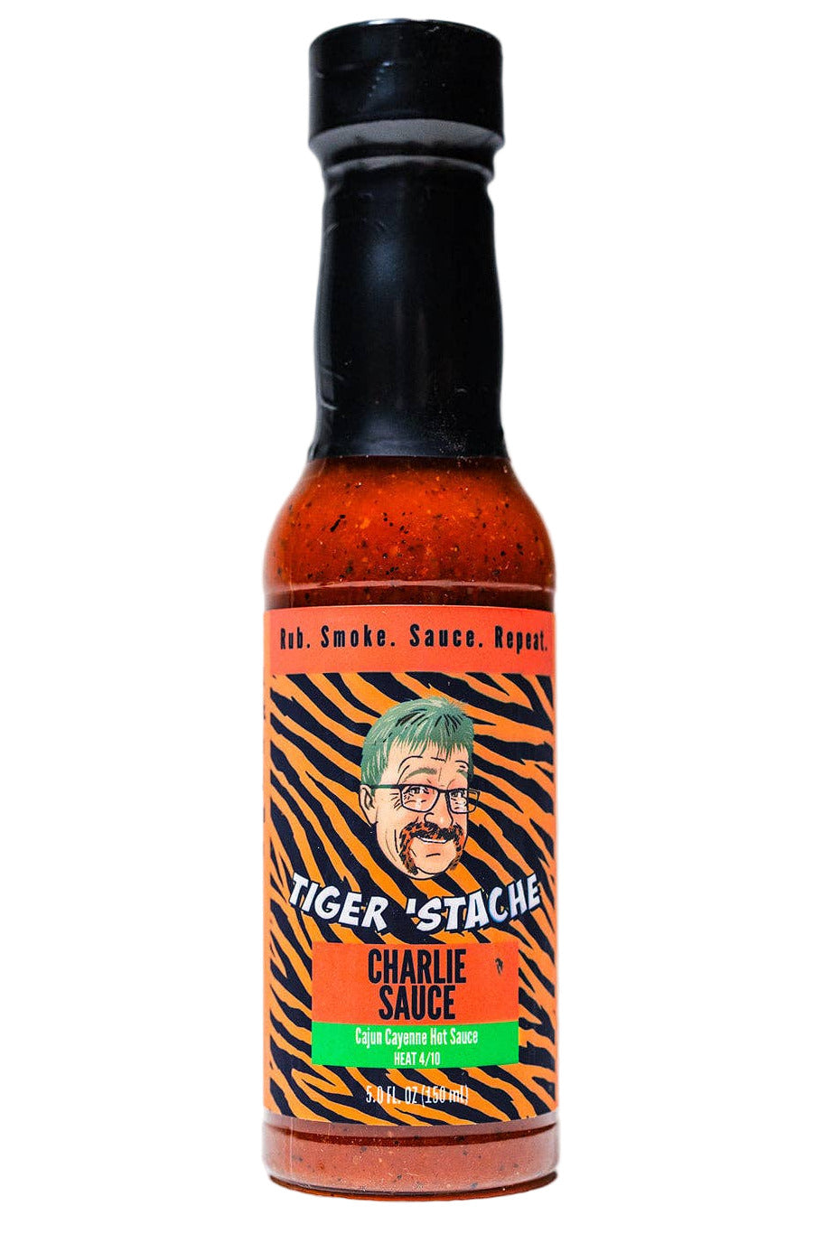Bottle of Tiger Stache Charlie Sauce with a black cap on a white background