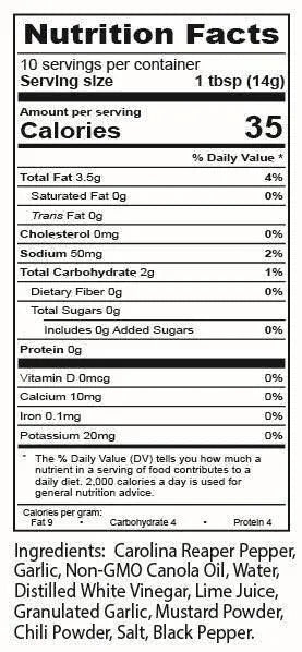 Nutrition facts label for Torchbearer Garlic Reaper Hot Sauce with specific ingredients listed.