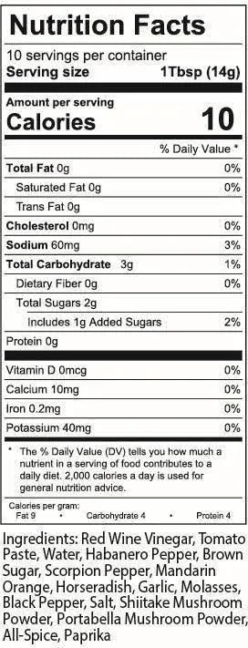 Nutrition facts label for a product with serving size, calories, and ingredient list.