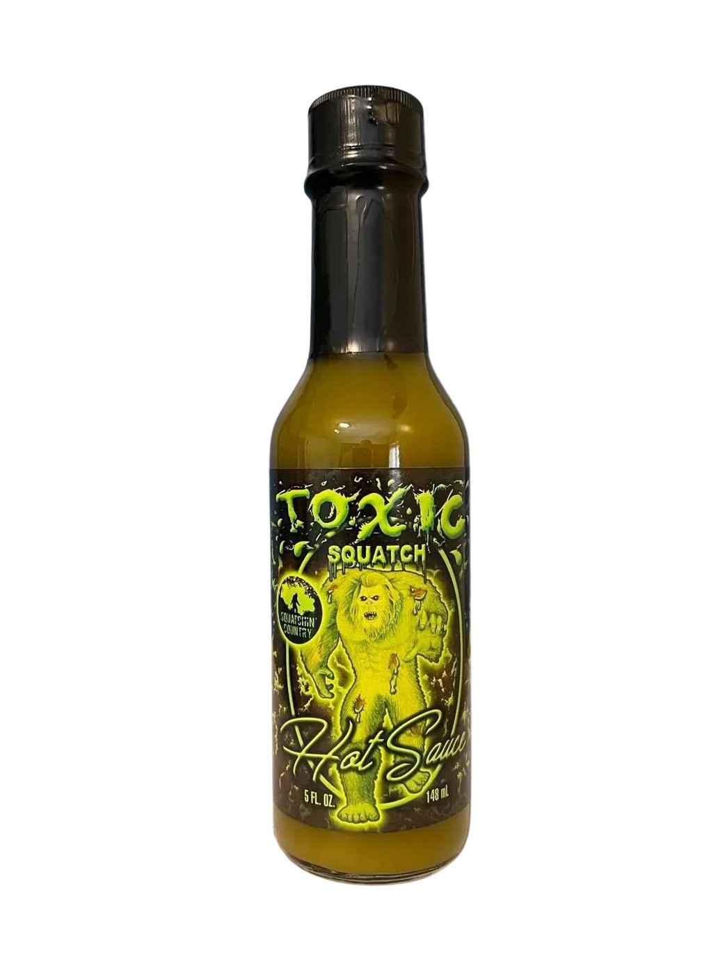 Bottle of Toxic Squatch Hot Sauce on a white background