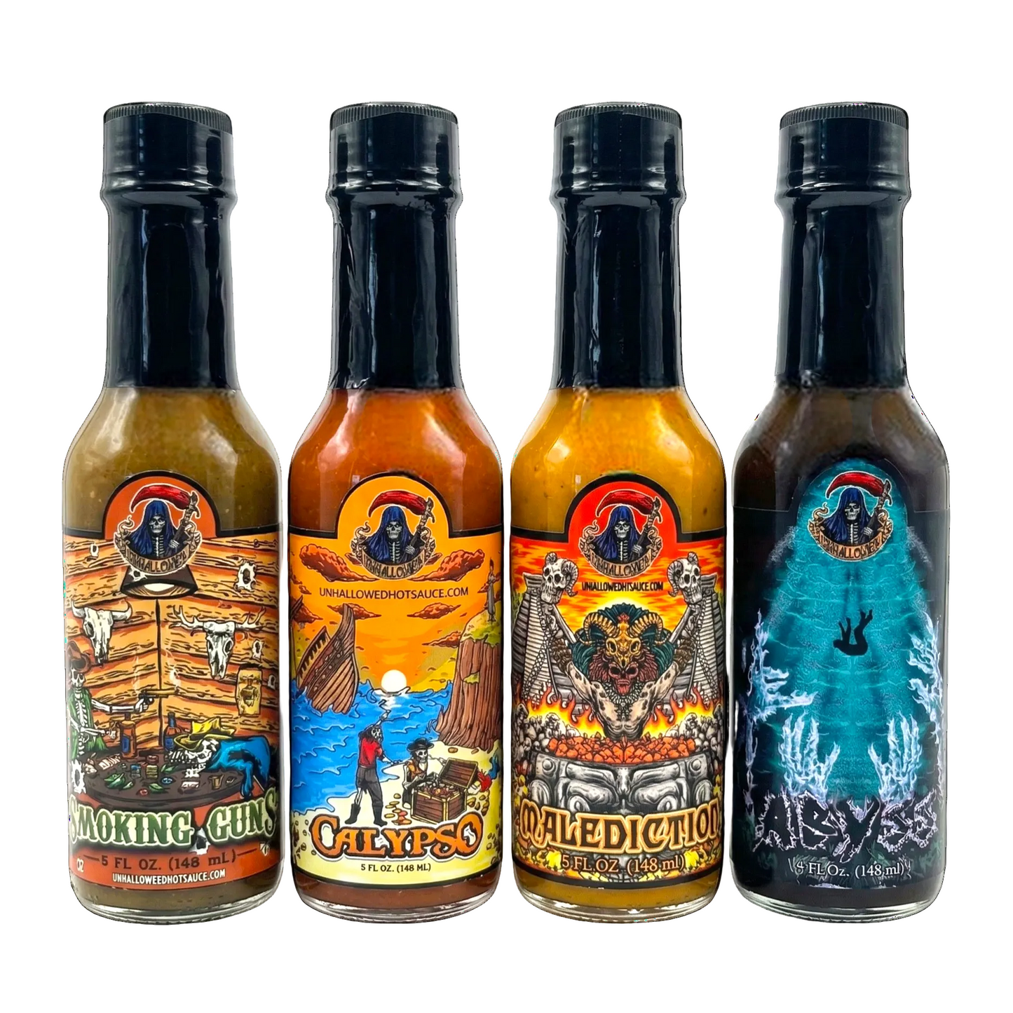 Four Unhallowed hot sauce bottles with colorful labels on a white background