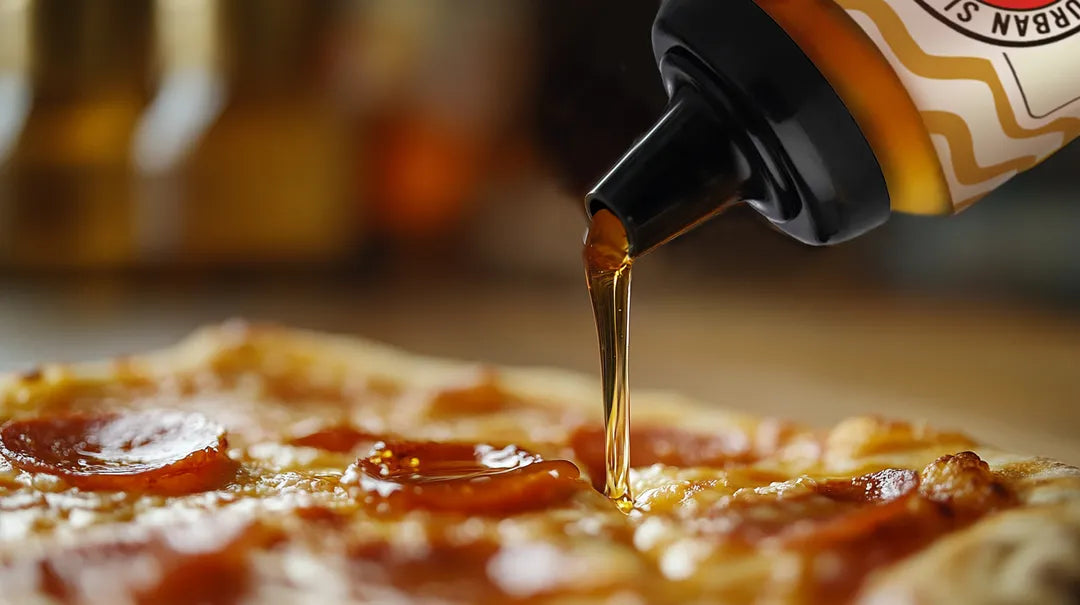 Bottle of Urban Street Sauce being poured onto a pizza with pepperoni slices.