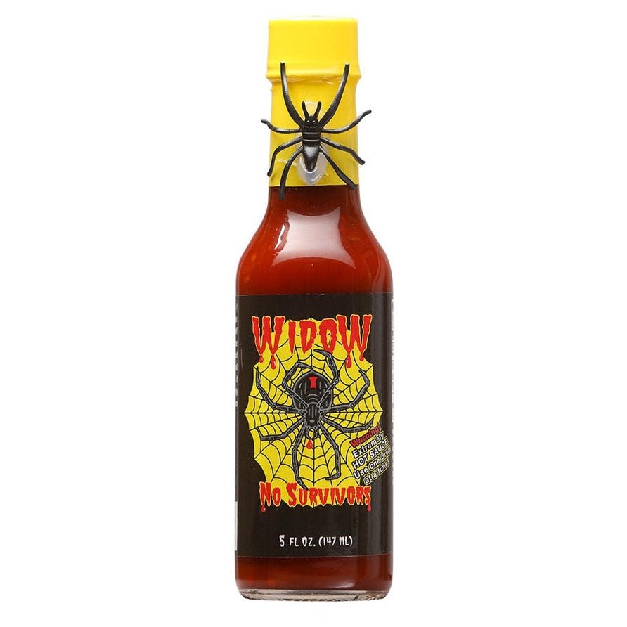 Widow Hot sauce bottle with spider graphic on label against a white background