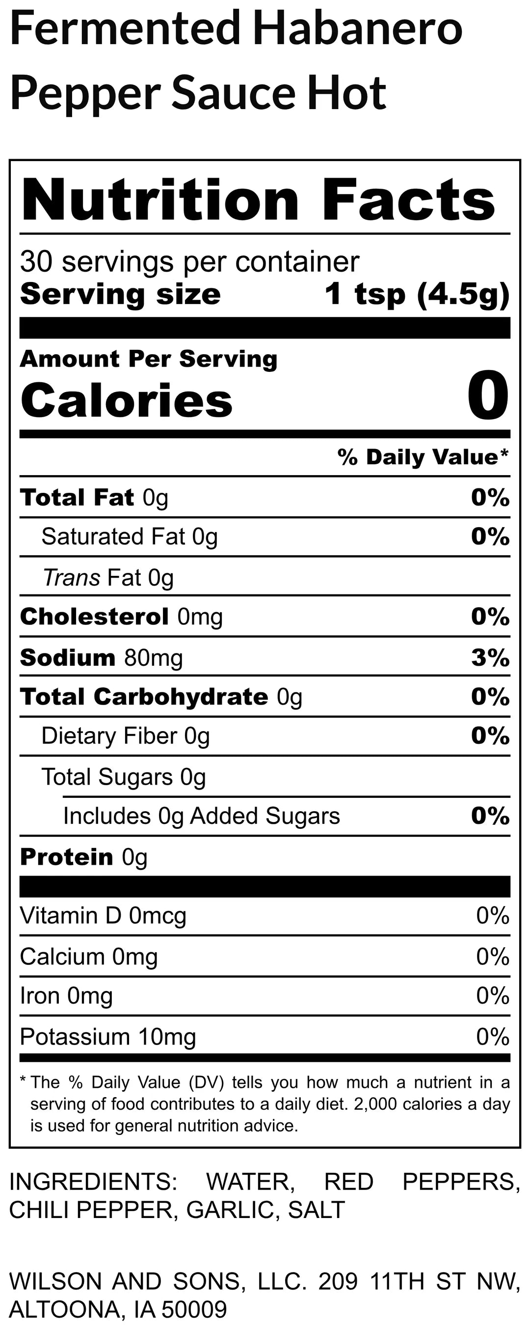 Nutrition facts label for fermented habanero pepper sauce hot with serving size, calories, and ingredient list.