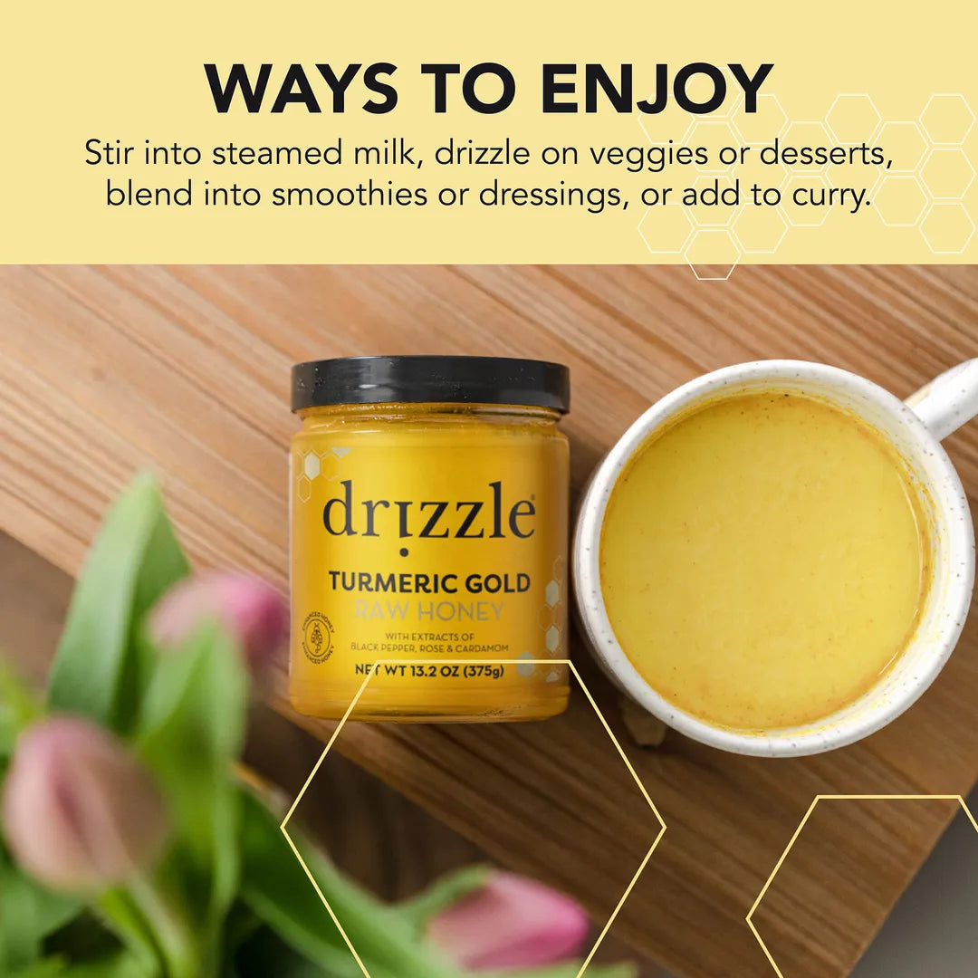 Drizzle Turmeric Gold Honey jar with a bowl of honey on a wooden surface, surrounded by text on ways to enjoy the product.