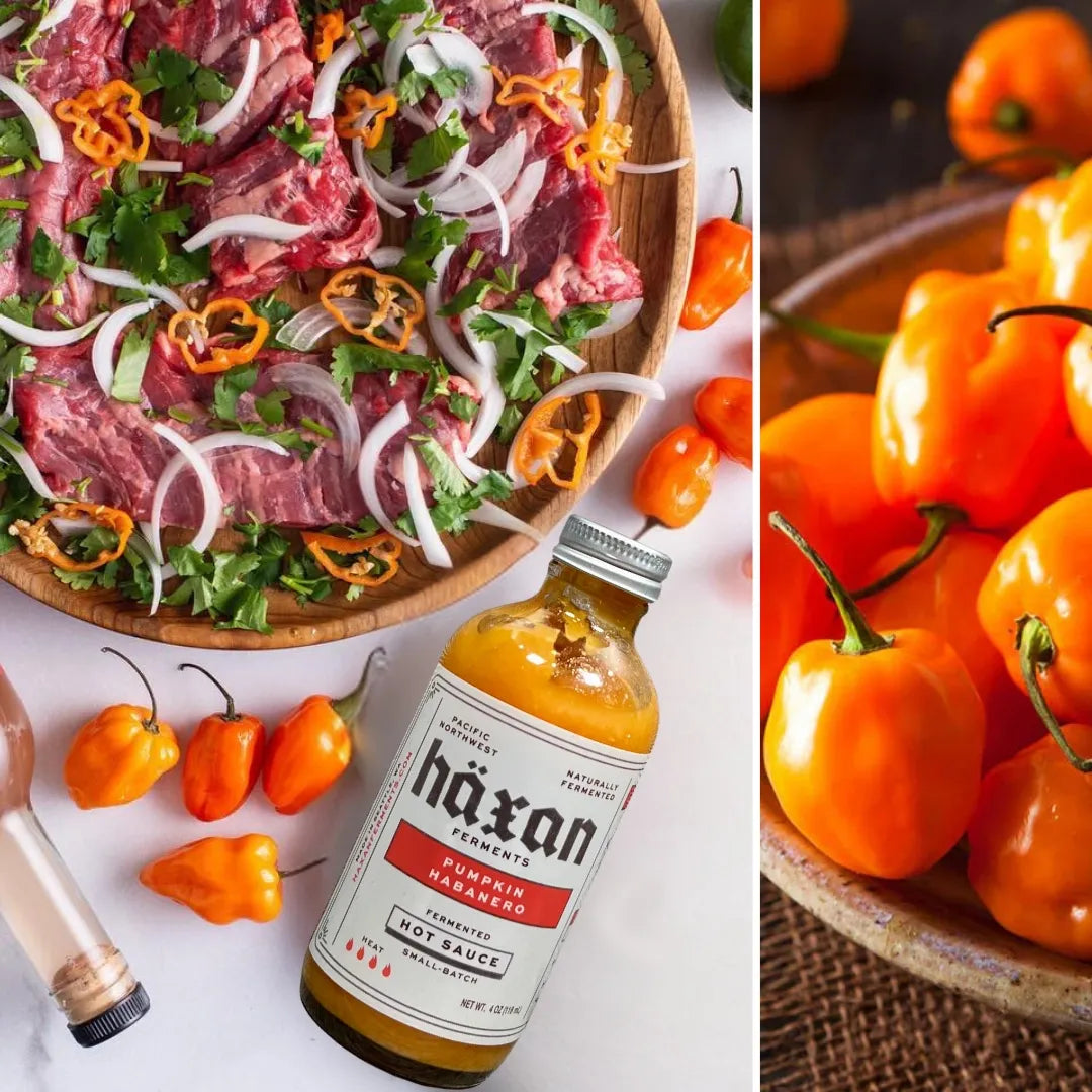 Häxan hot sauce bottle with a plate of raw meat and peppers on a white background