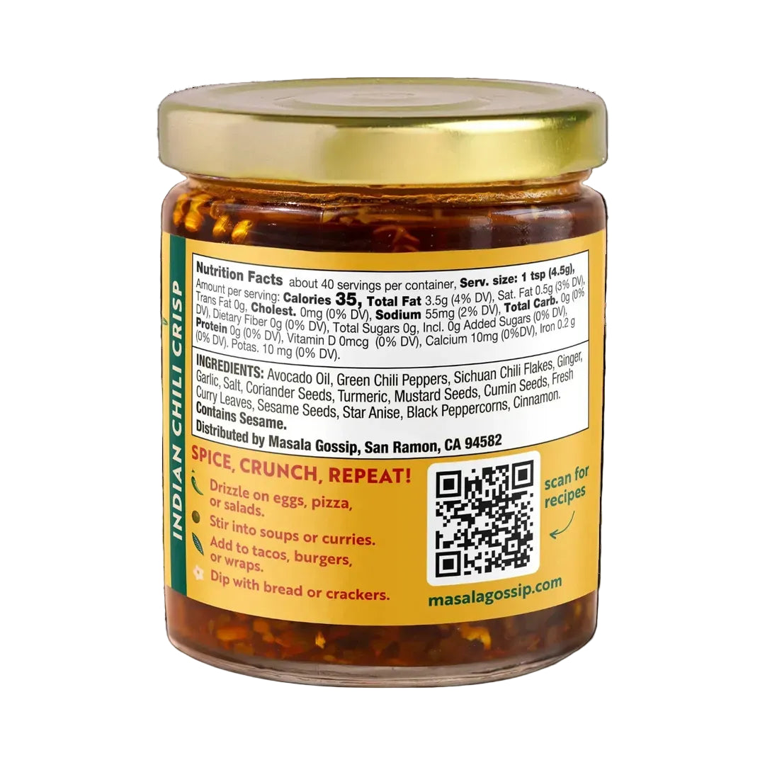 Jar of Indian Green Crisp with label and QR code on a white background