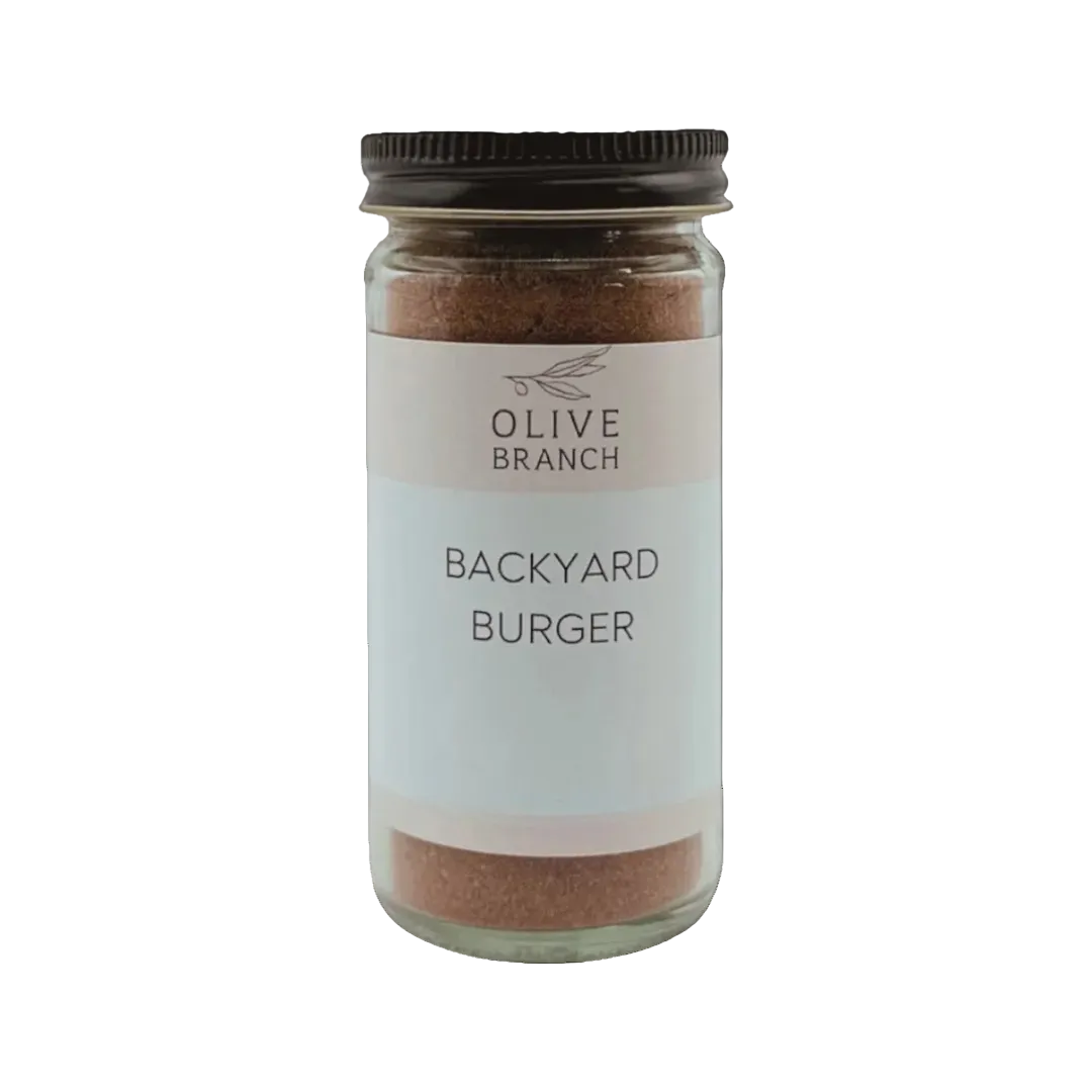 Jar of 'Backyard Burger' seasoning with 'Olive Branch' label on a white background
