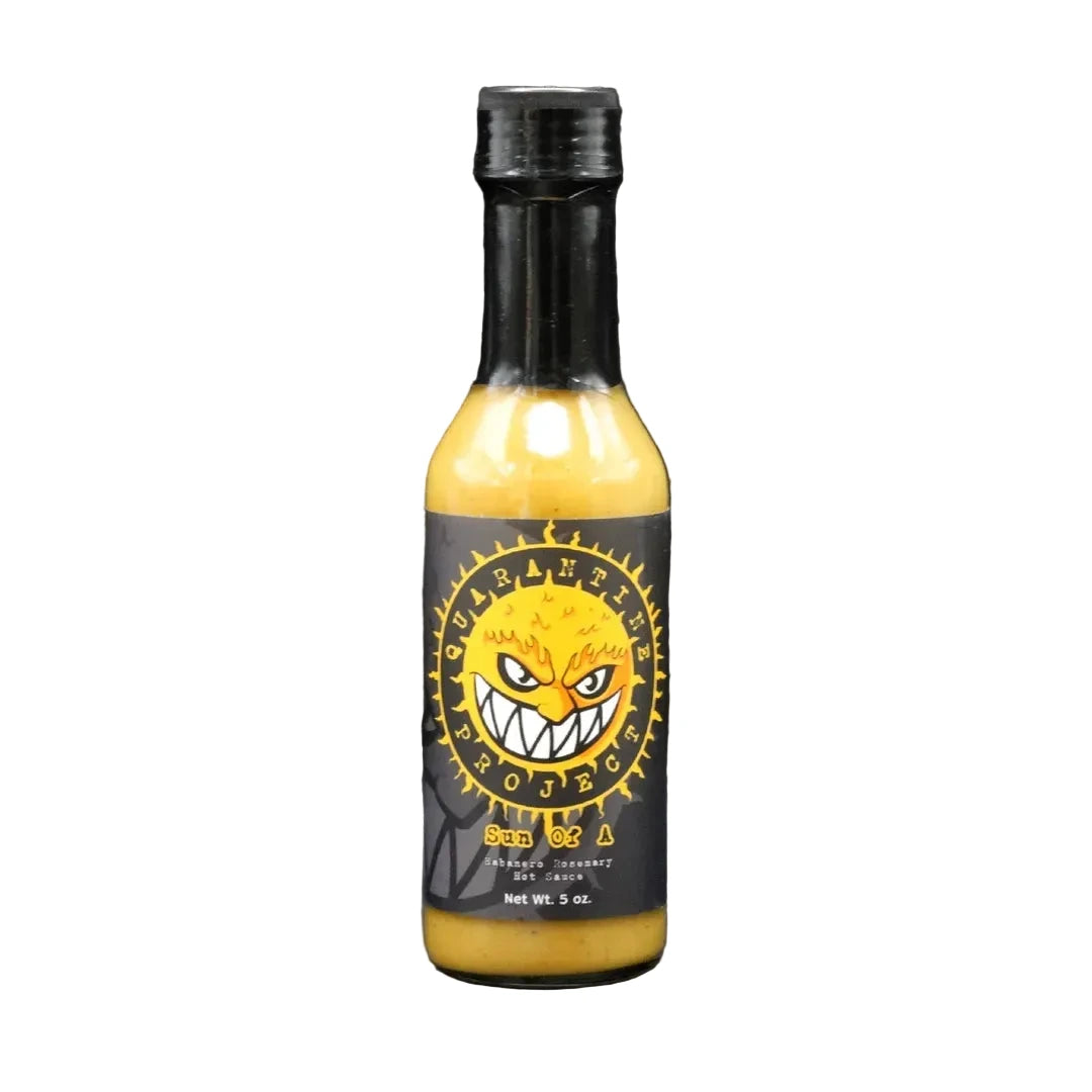 Quarantine Project Sun Of A Hot sauce bottle with a black and yellow label