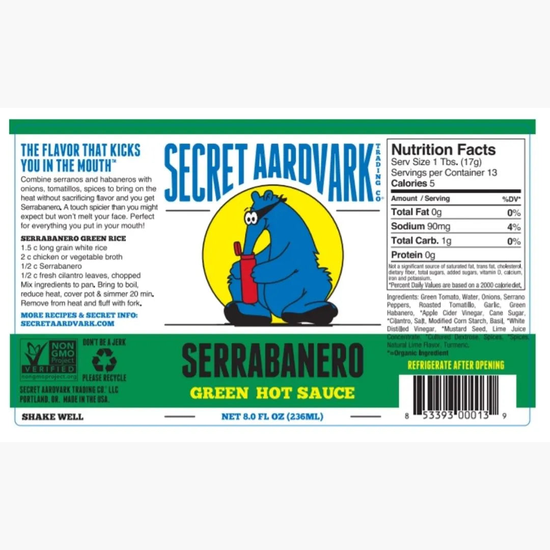 Secret Aardvark Serrabanero Green Hot Sauce label with cartoon aardvark character.