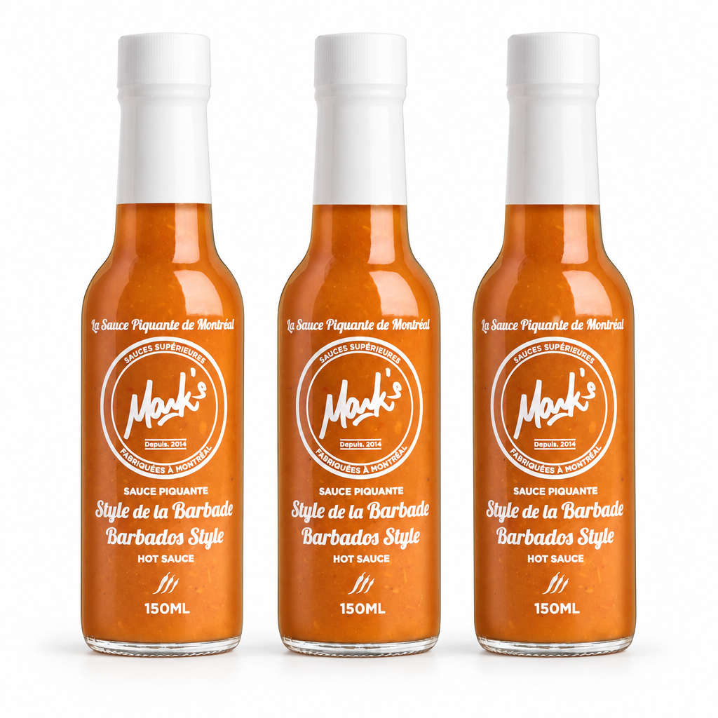 Three bottles of Mark's Barbados Style Hot Sauce