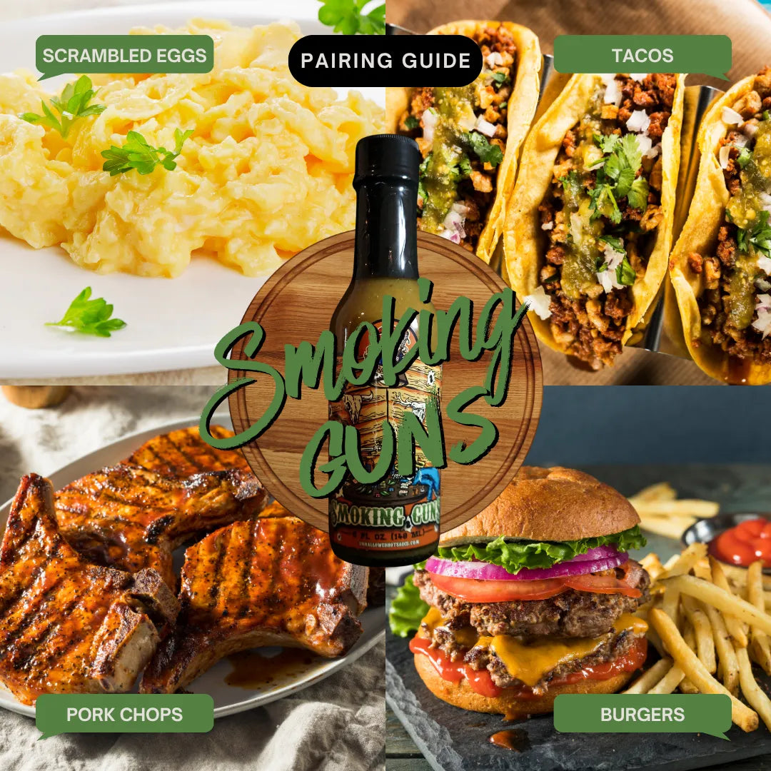 Collage of food items with 'Smoking Guns' bottle in the center, labeled for pairing guide.
