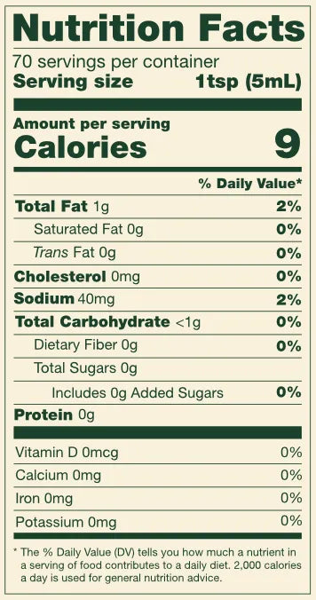 Nutrition facts label for Aji Amarillo Hot Sauce