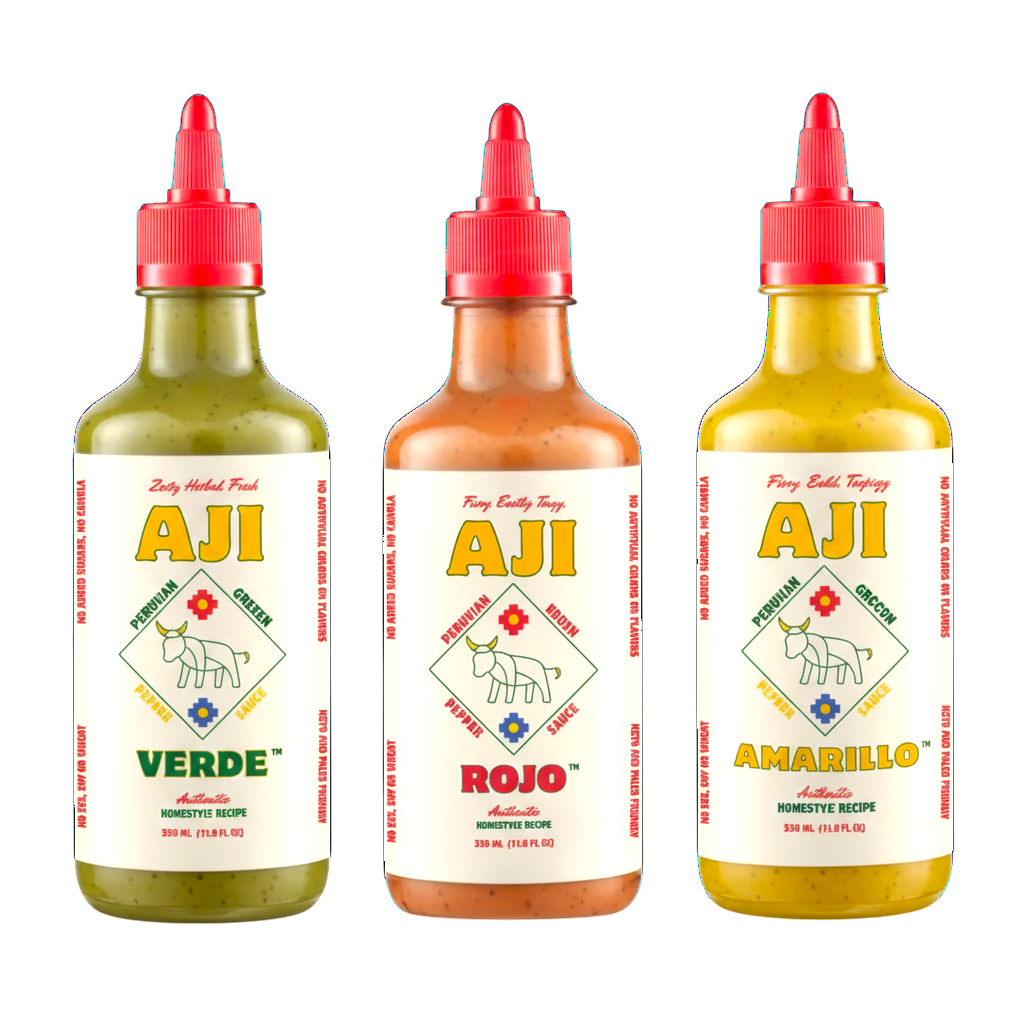 Three bottles of Aji sauce with red caps on a white background