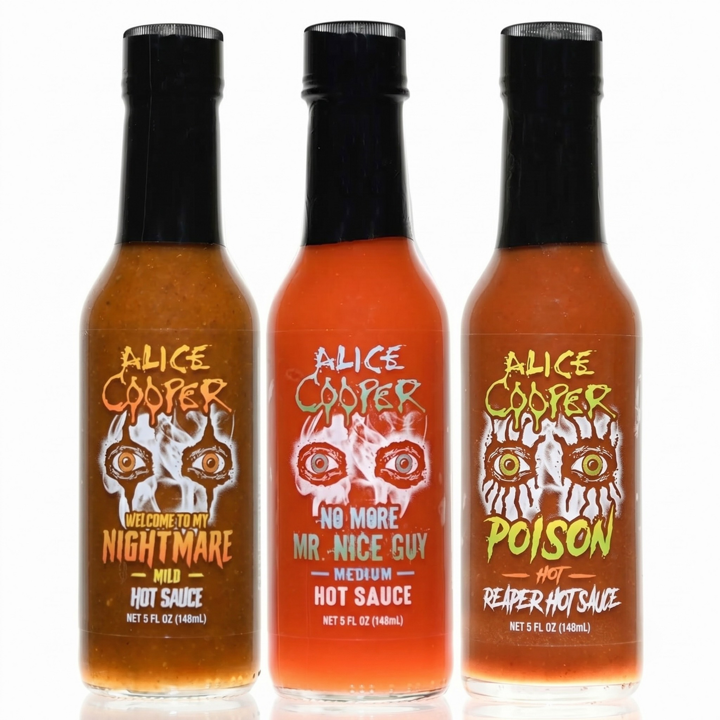 Three bottles of Alice Cooper hot sauce with different flavors on a white background