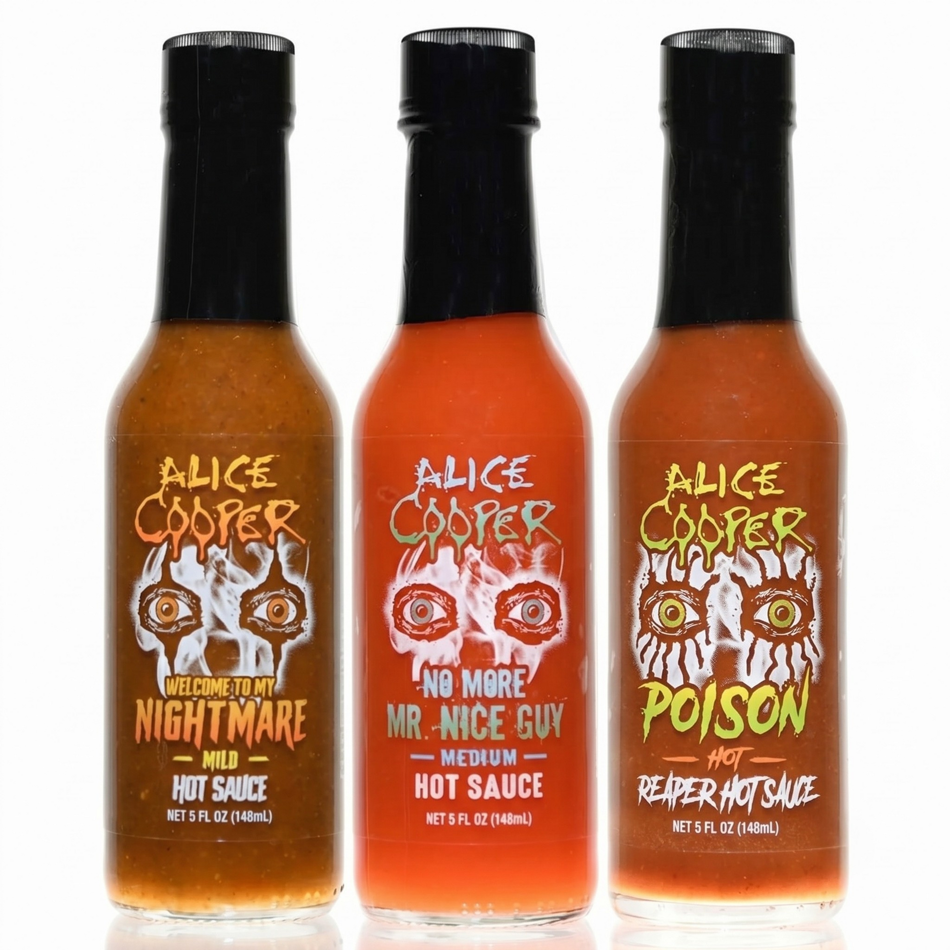 Three bottles of Alice Cooper hot sauce with different flavors on a white background
