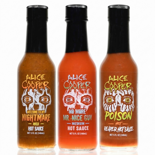 Three bottles of Alice Cooper hot sauce with different flavors on a white background