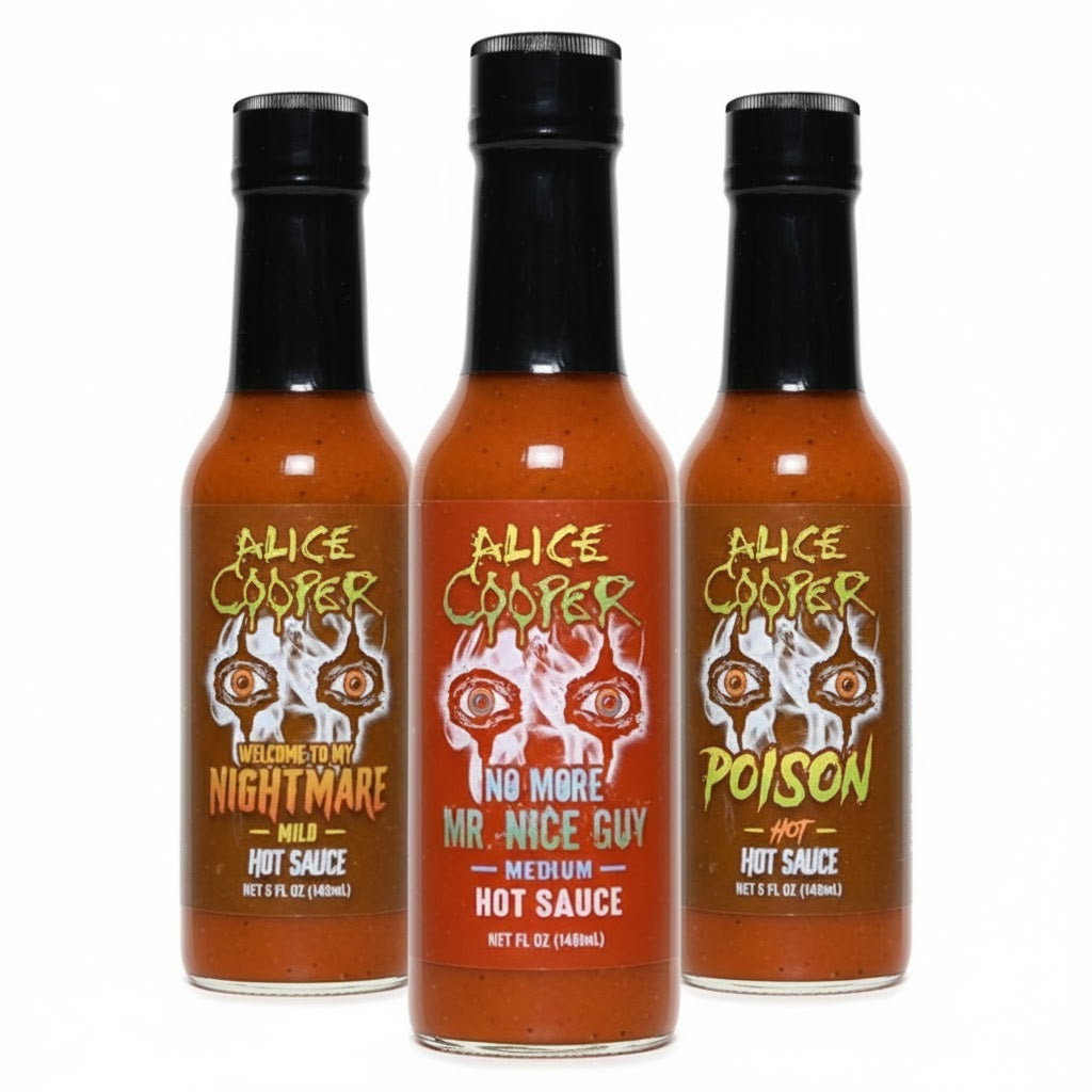 Three bottles of Alice Cooper hot sauce with labels on a white background