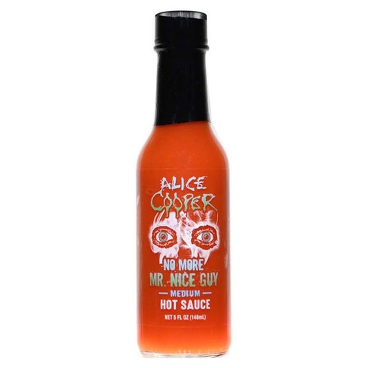 Bottle of Alice Cooper 'No More Mr. Nice Guy' hot sauce on a white background