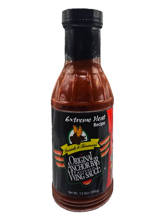 Bottle of Anchor Bar Extreme Heat wing sauce on a white background