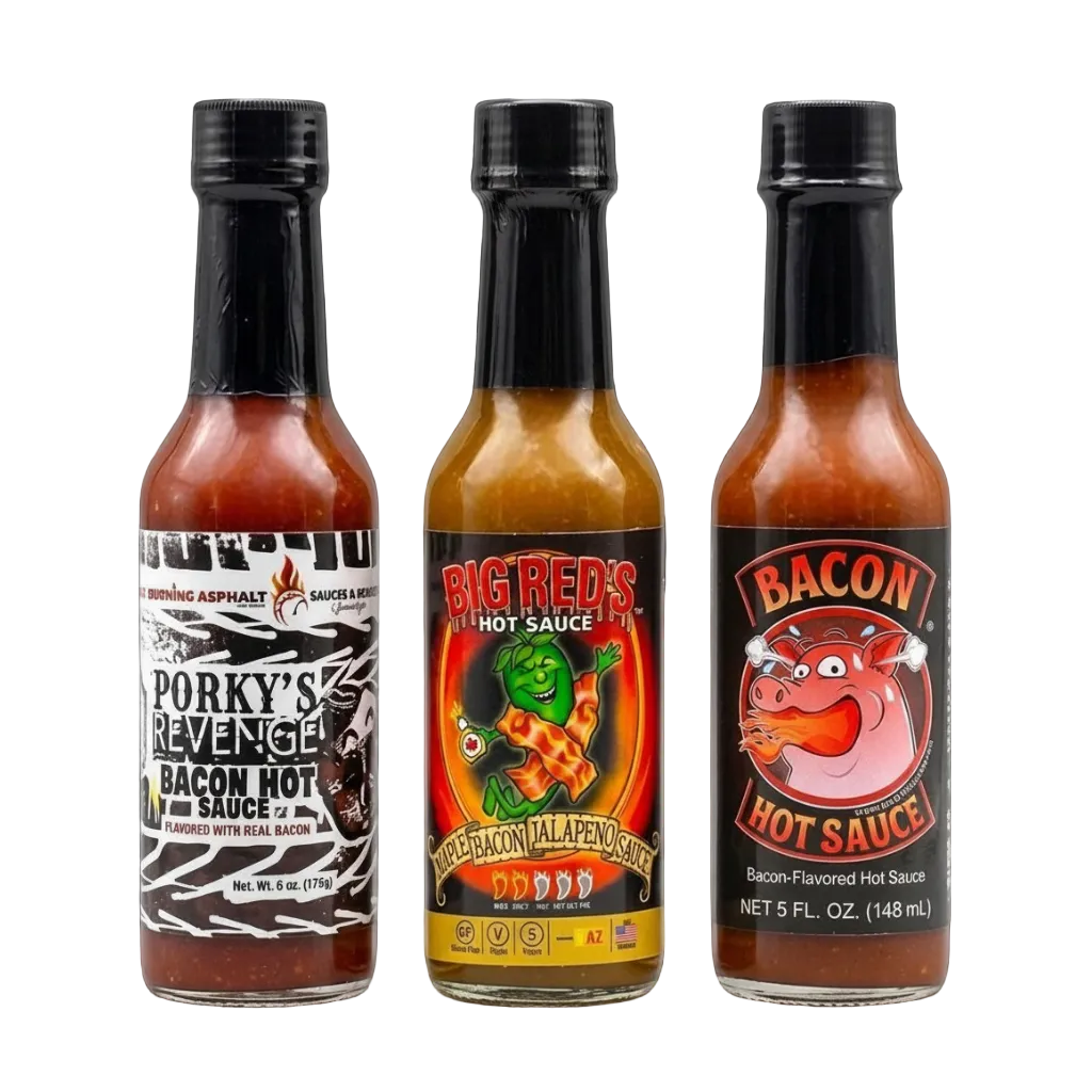 Burning Asphalt bacon hot sauce with Big Red's Maple Bacon Jalapeno hot sauce and Saucecrafters bacon hot sauce trio pack
