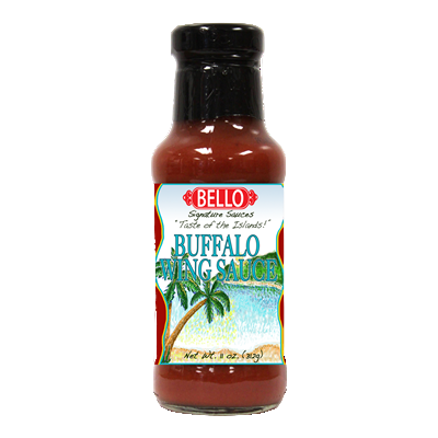Bottle of Bello Buffalo Wing Sauce on a white background